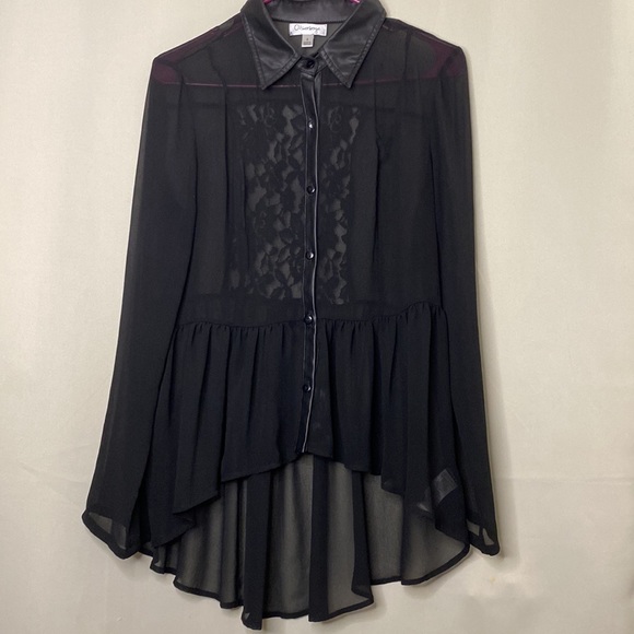 Olsenboye A Gorgeous Black Sheer Button Down Blouse with Faux Leather - Size: S - Picture 7 of 15